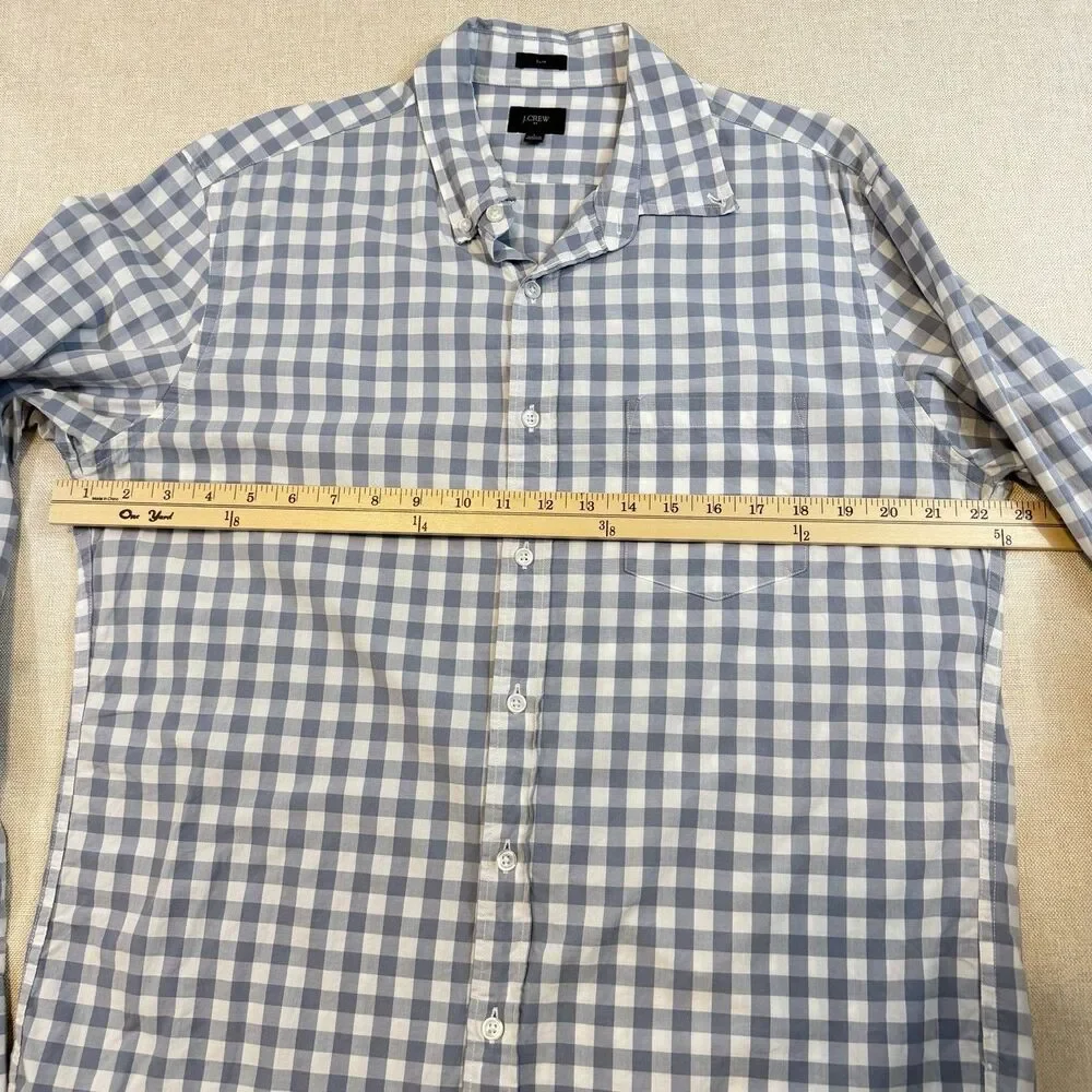 J.Crew Mens Large Slim Fit Blue White Gingham Check Button Down Shirt Cotton